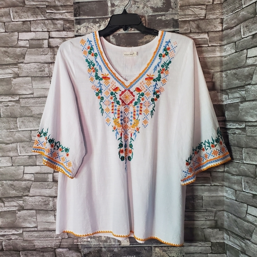 Peasant Blouse Bohemian Multicolor Embroidery On White Loose Fit Pullover XXL
